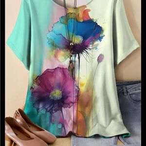 Floral Watercolor Print Women's Top 1X 18